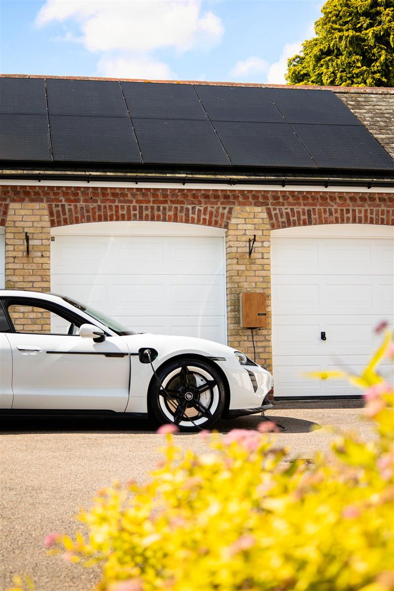 Elektroauto lädt an einer Wallbox vor einem Haus mit Photovoltaikanlage